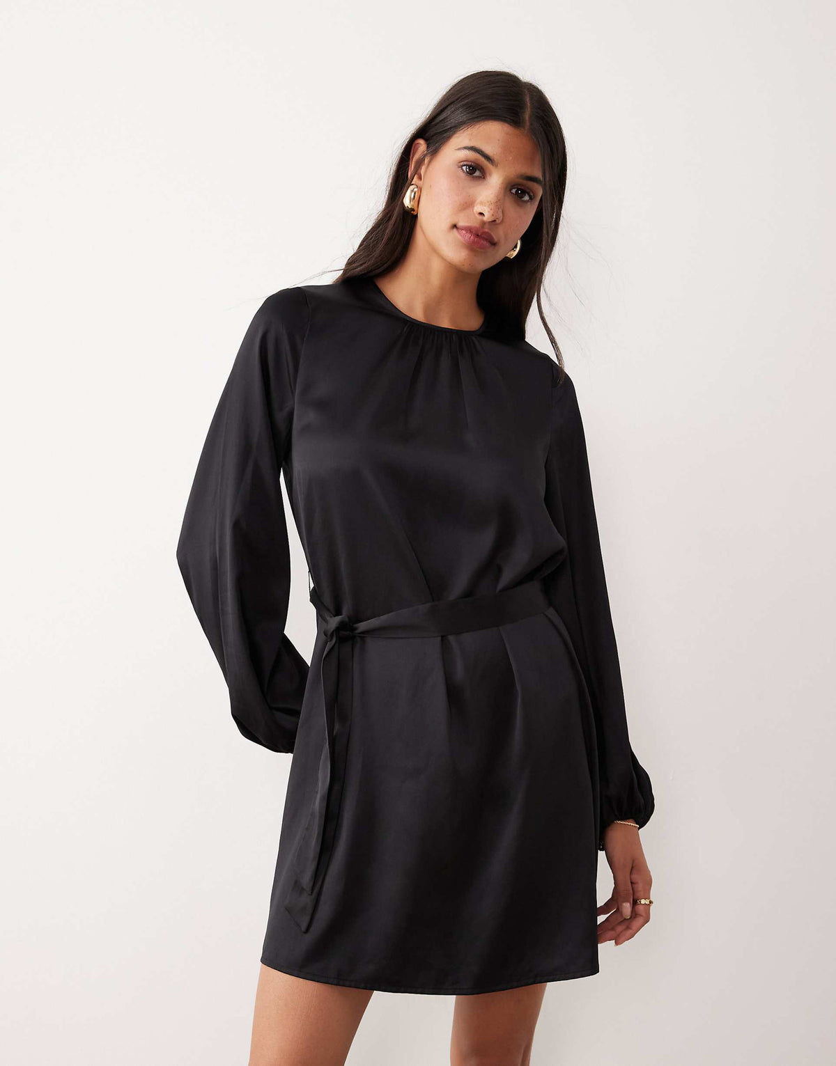 VILA balloon sleeve satin tie waist mini dress in black