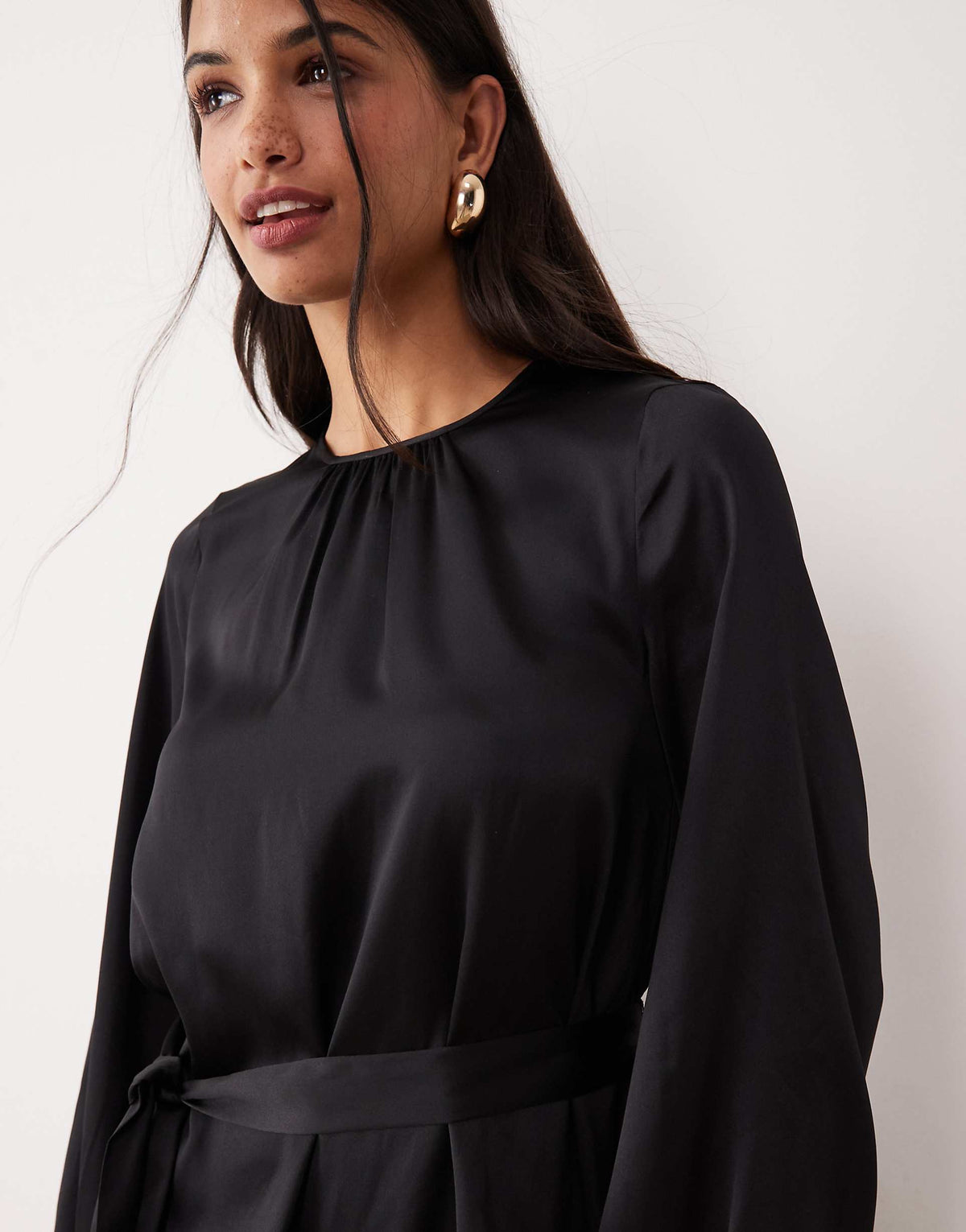 VILA balloon sleeve satin tie waist mini dress in black