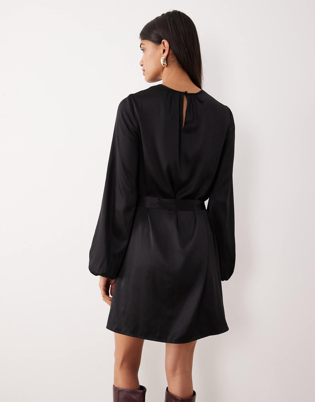 VILA balloon sleeve satin tie waist mini dress in black