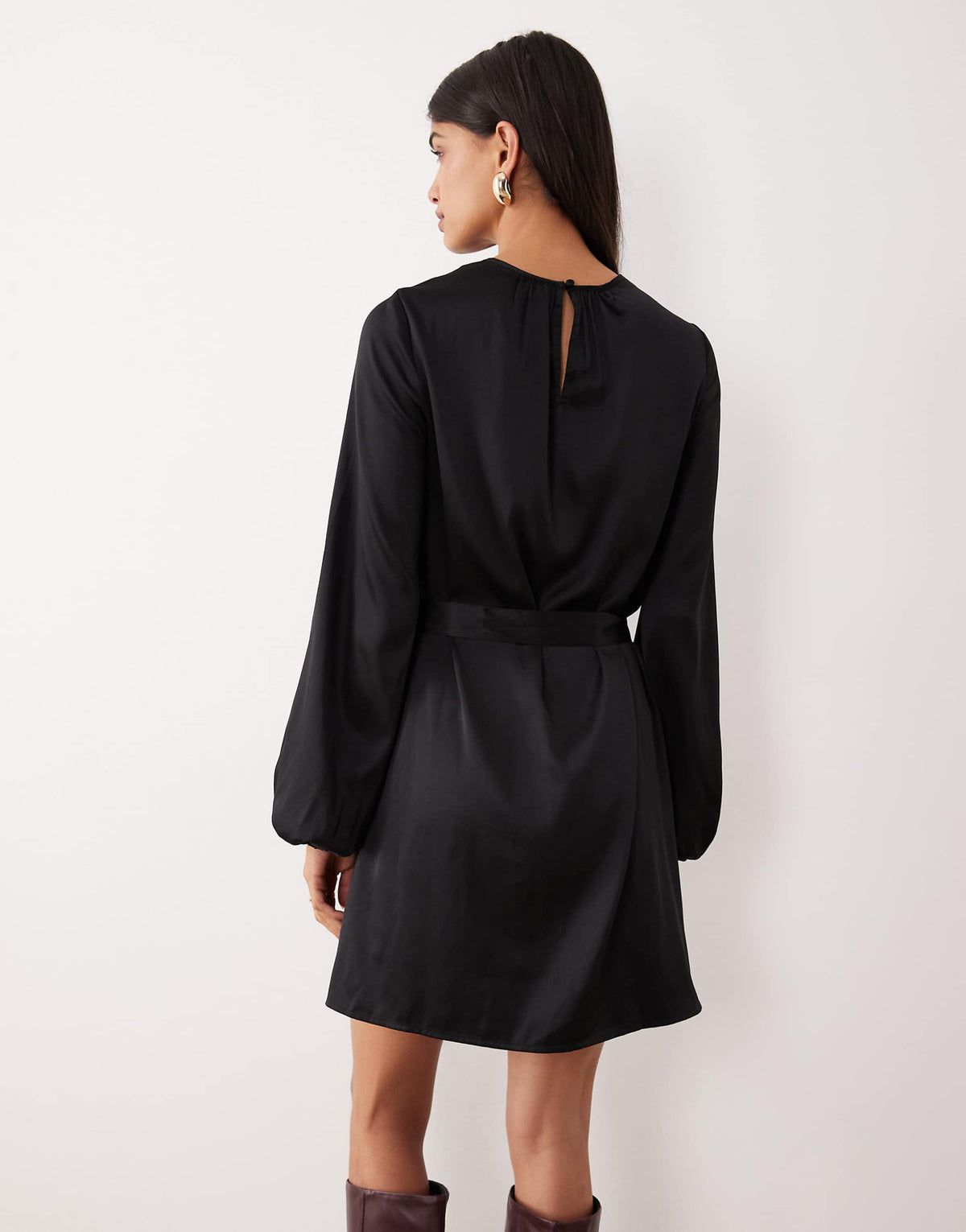 VILA balloon sleeve satin tie waist mini dress in black
