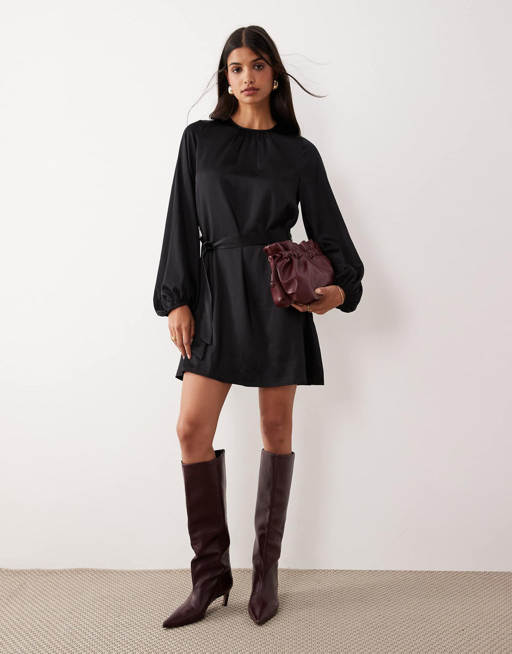 VILA balloon sleeve satin tie waist mini dress in black