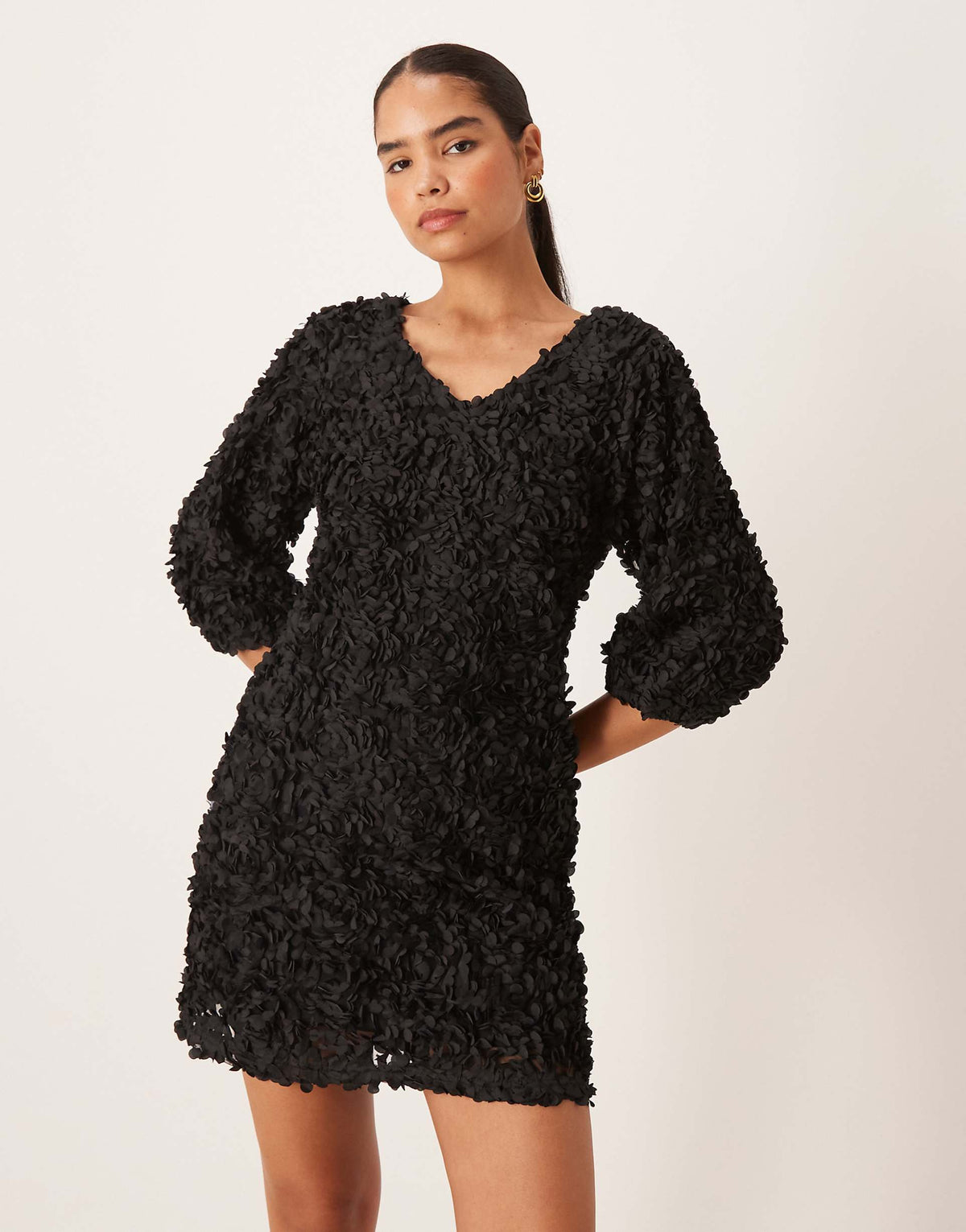 VILA 3D floral applique mini dress in black