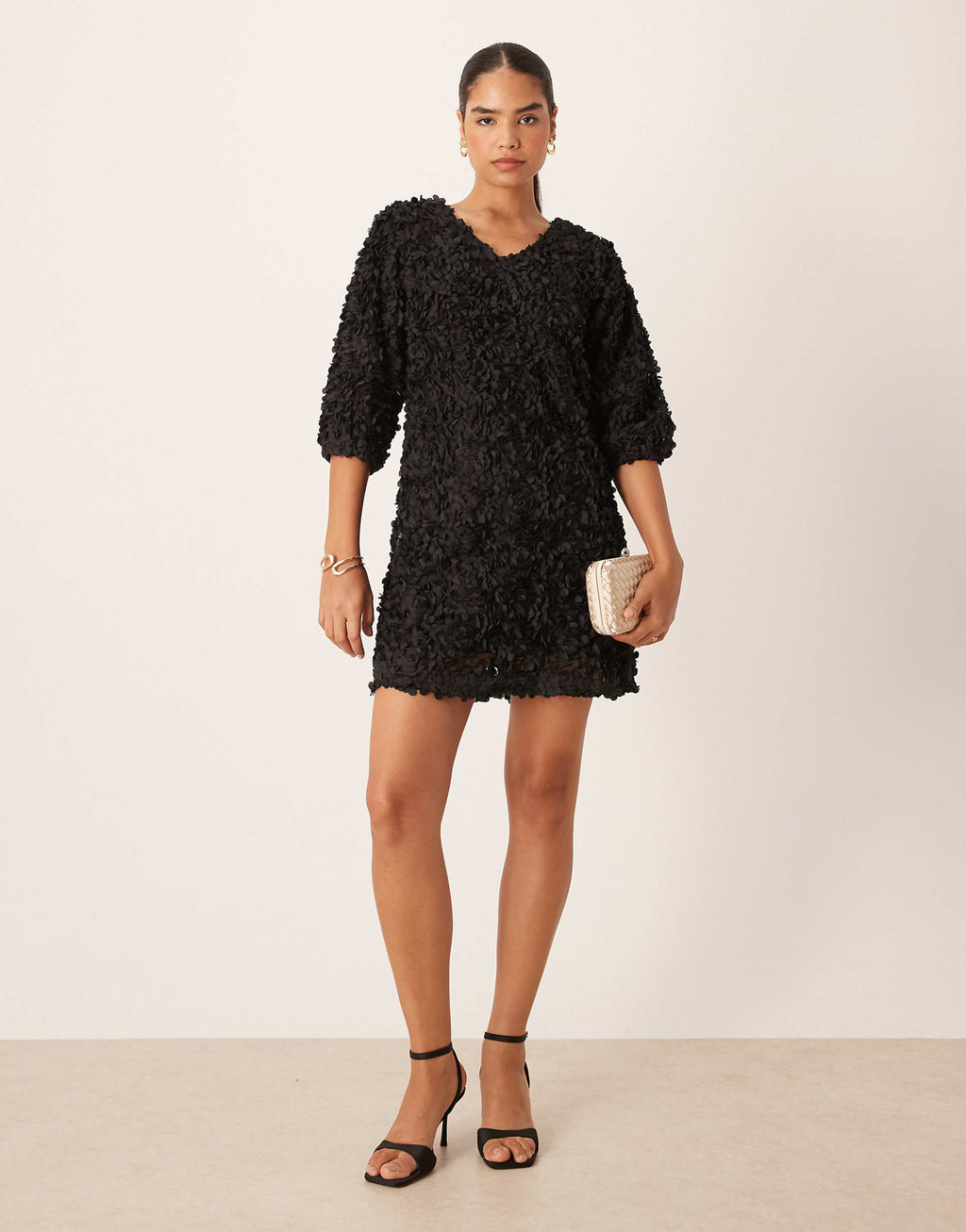 VILA 3D floral applique mini dress in black