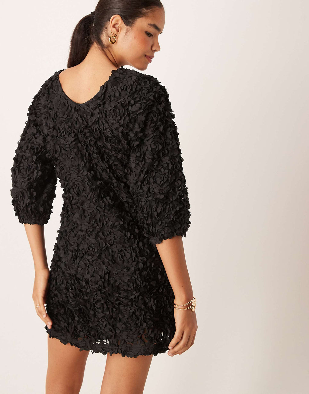 VILA 3D floral applique mini dress in black