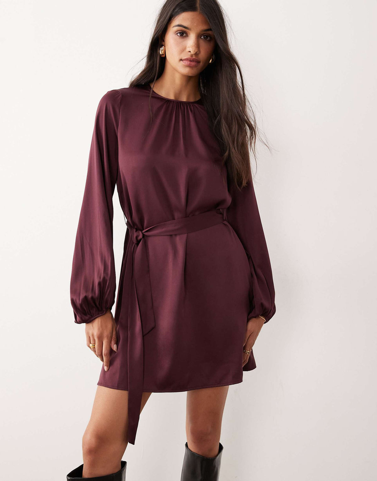VILA balloon sleeve satin tie waist mini dress in burgundy