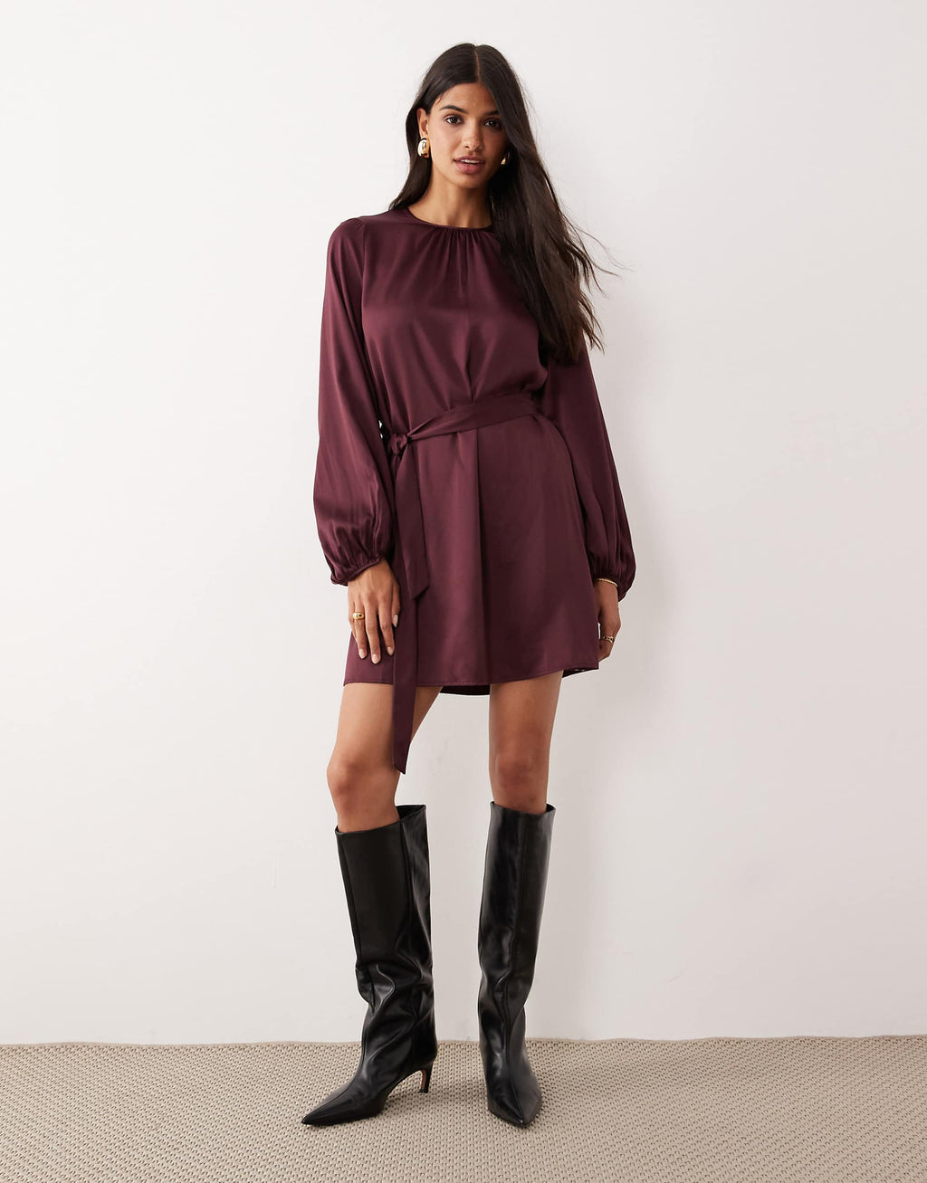 VILA balloon sleeve satin tie waist mini dress in burgundy