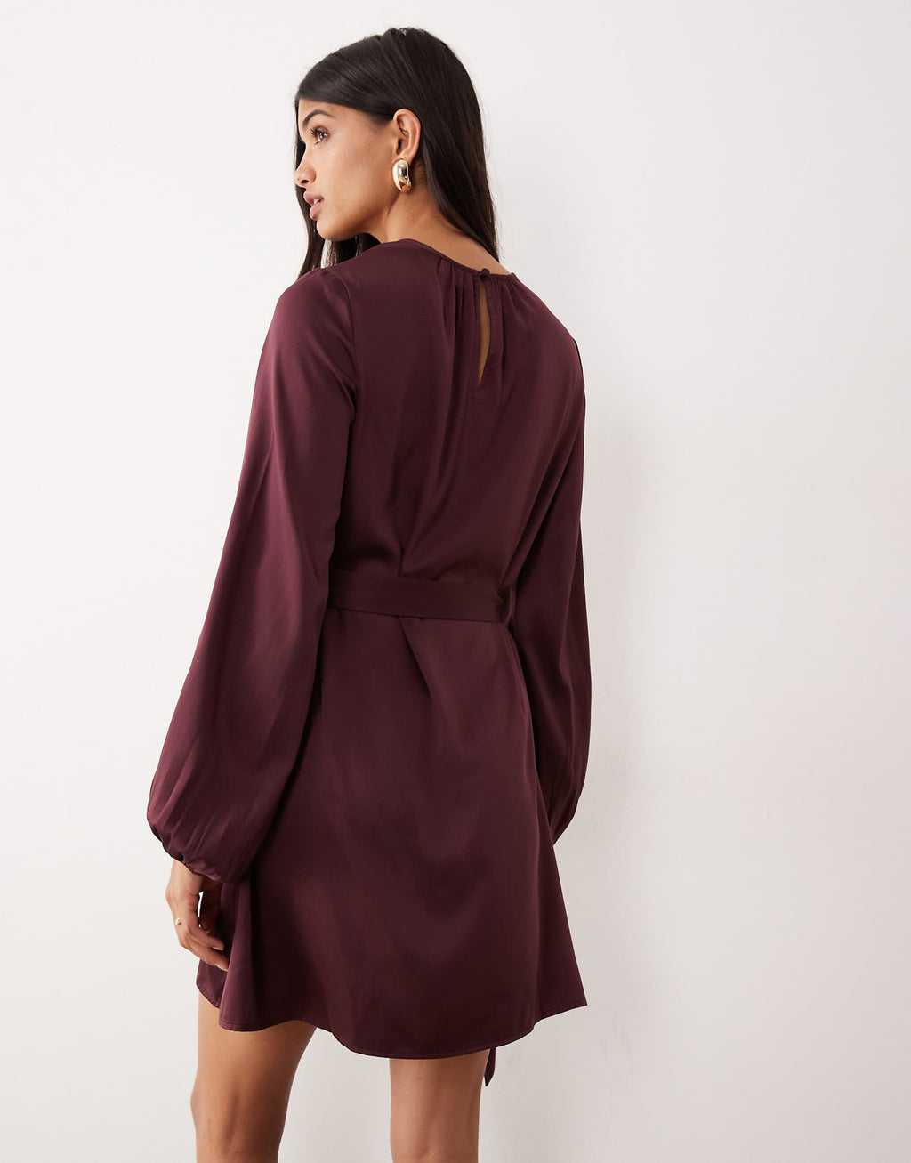 VILA balloon sleeve satin tie waist mini dress in burgundy