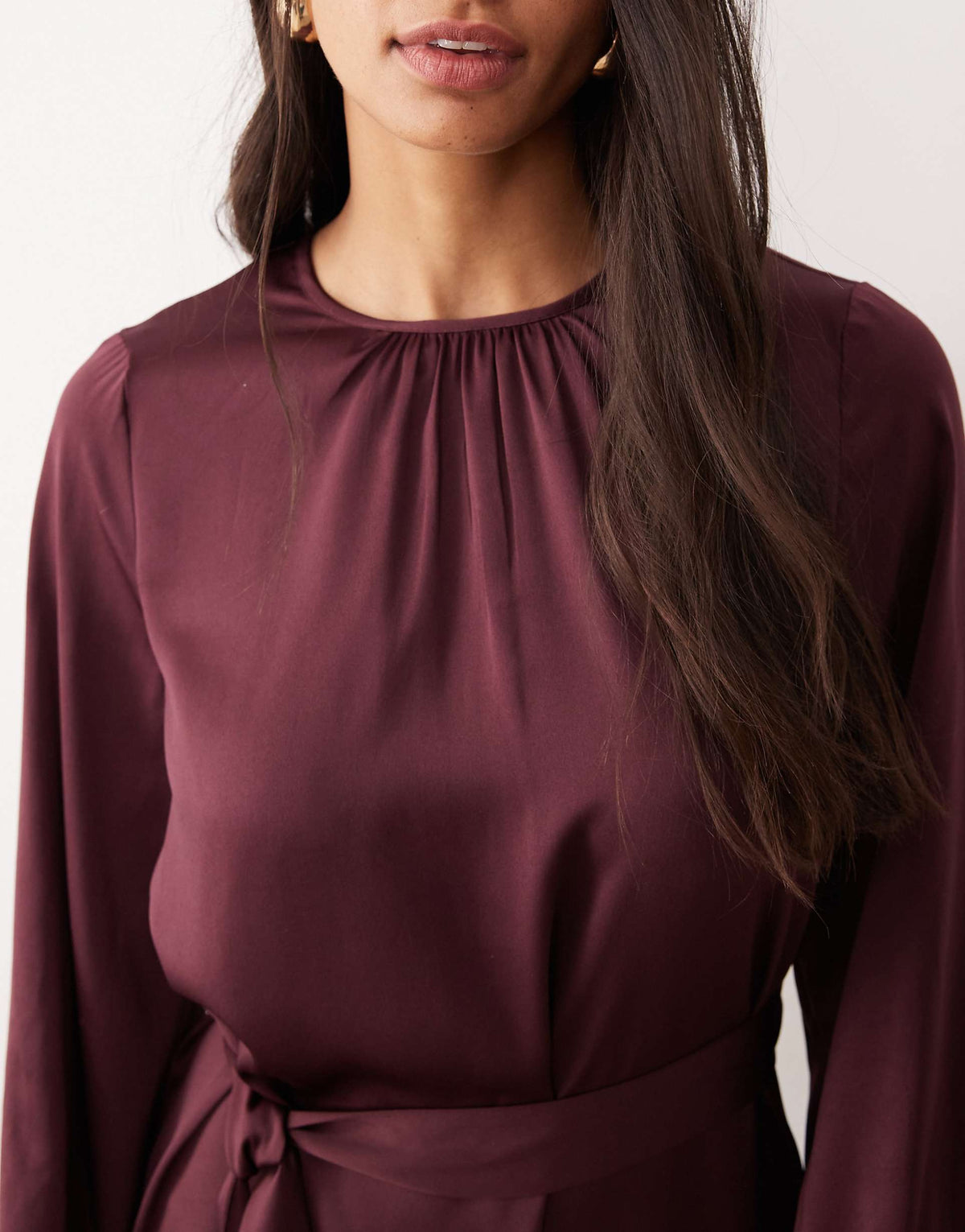 VILA balloon sleeve satin tie waist mini dress in burgundy