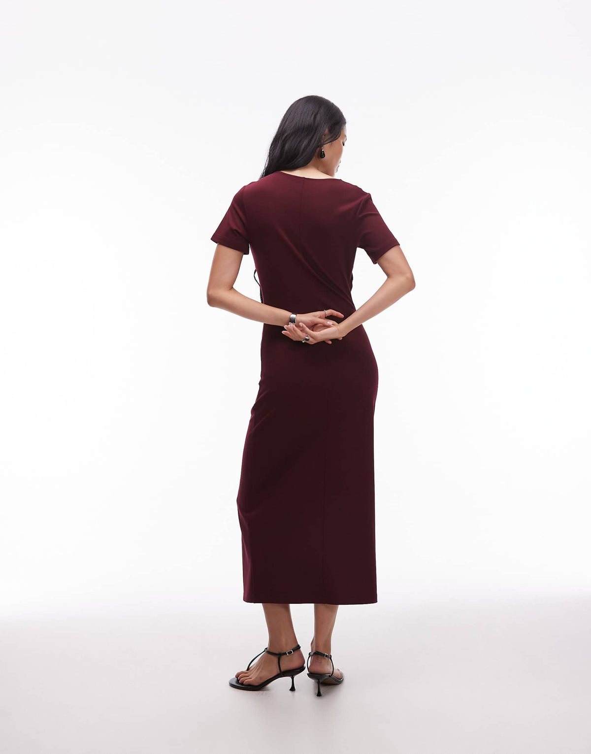 & Other Stories short sleeve drape twist midaxi dress with front split in burgundy