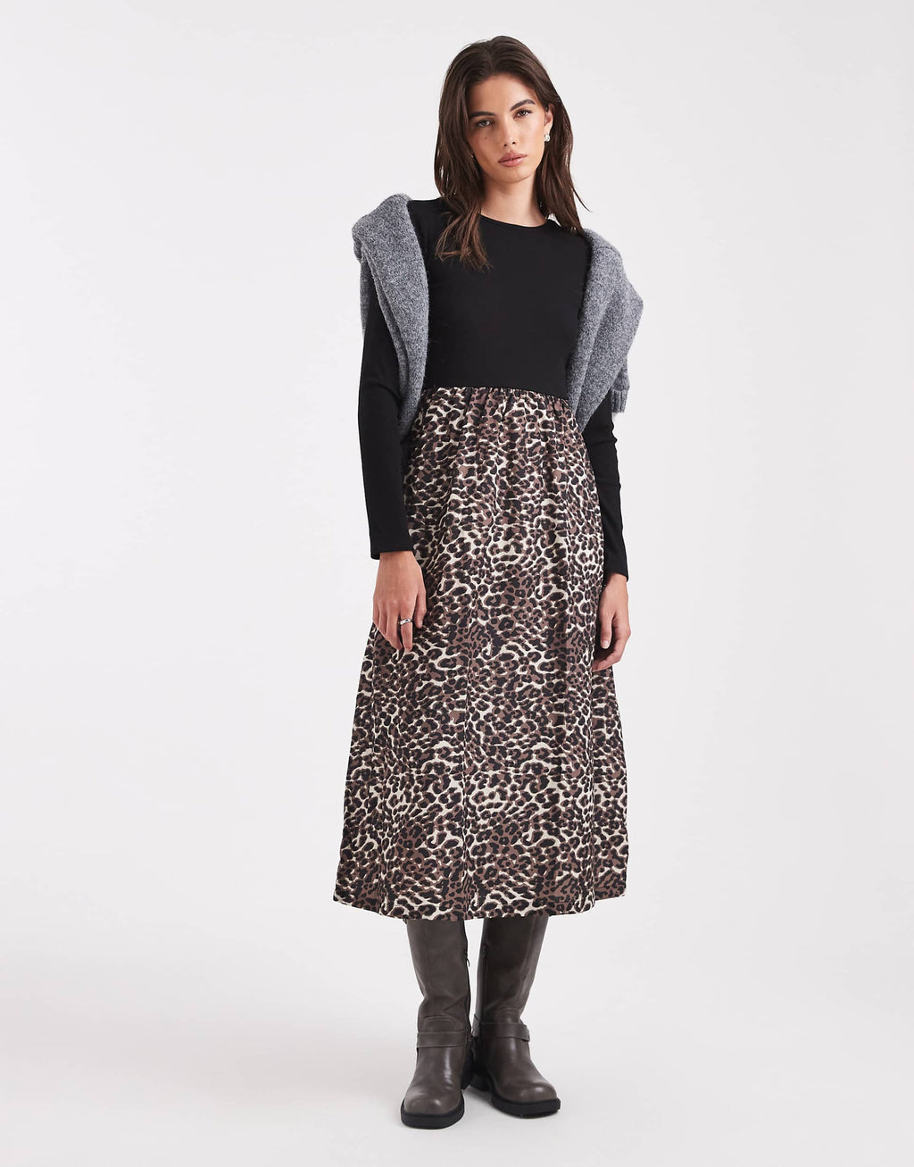 Threadbare long sleeve midi dress with contrast leopard print skirt in black