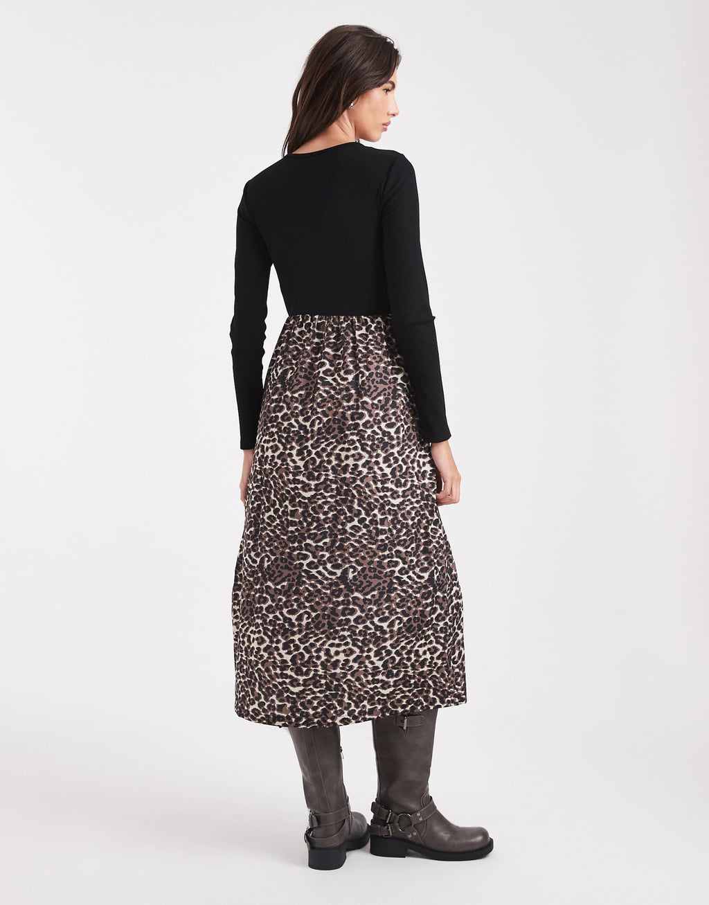 Threadbare long sleeve midi dress with contrast leopard print skirt in black