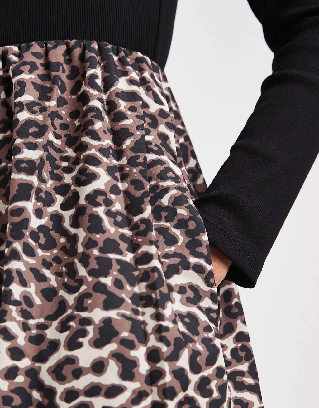 Threadbare long sleeve midi dress with contrast leopard print skirt in black