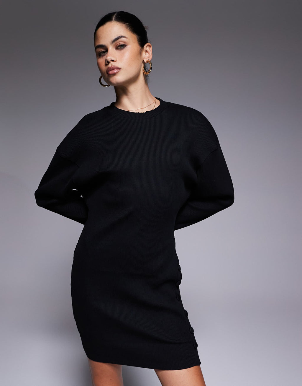 ASOS DESIGN button detail wide rib crew neck mini dress in black