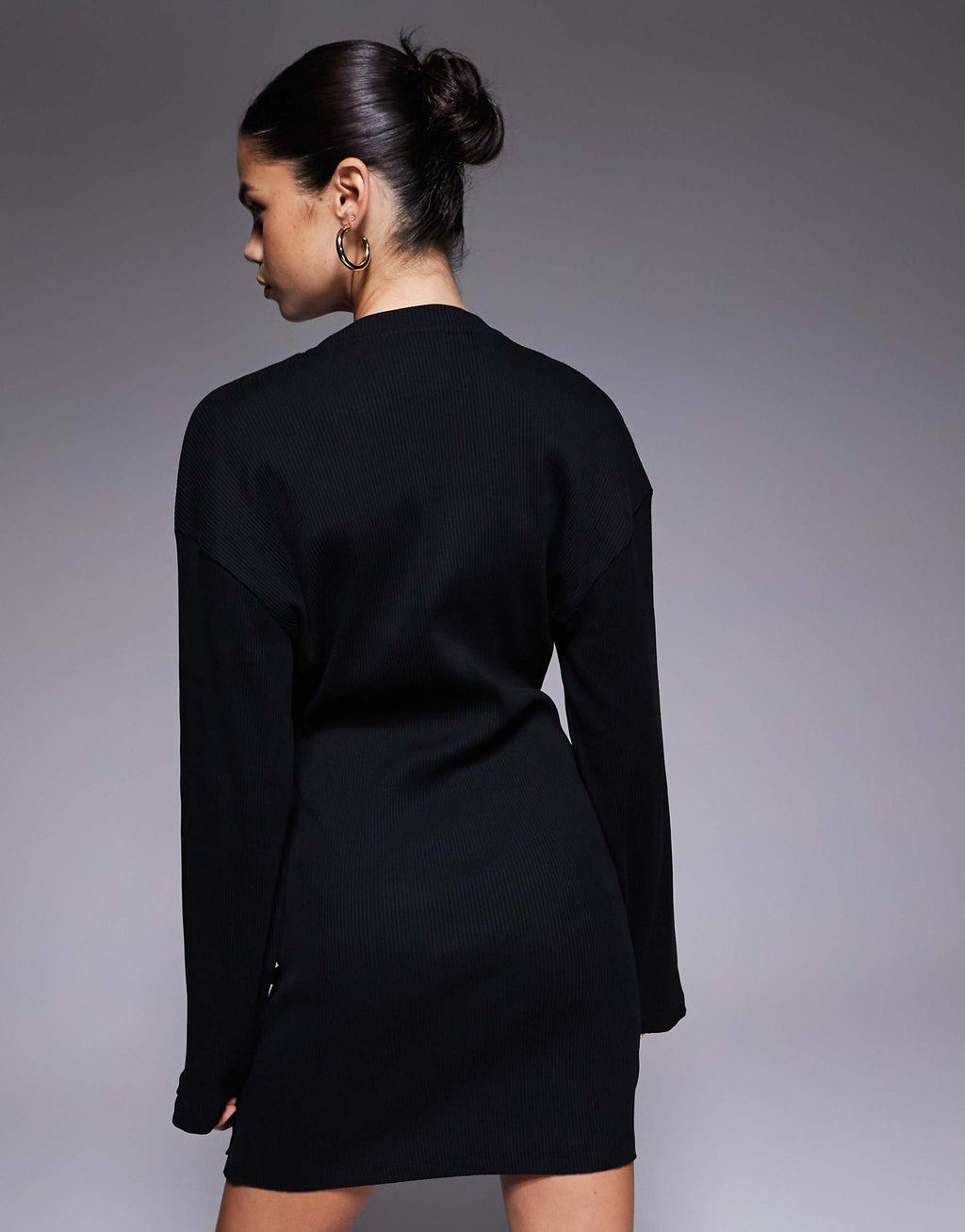 ASOS DESIGN button detail wide rib crew neck mini dress in black