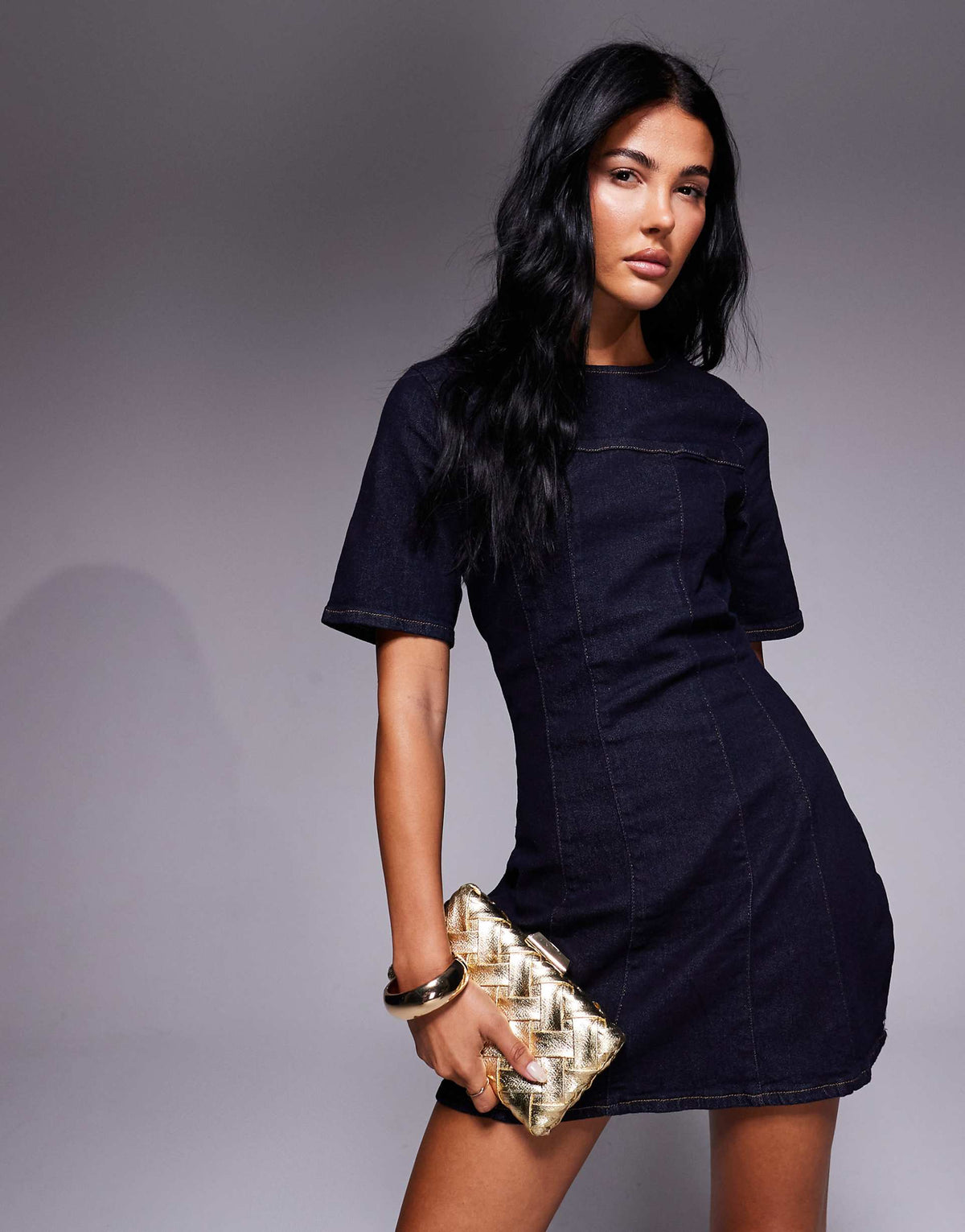ASOS DESIGN cinched waist structured denim mini dress in rinse wash