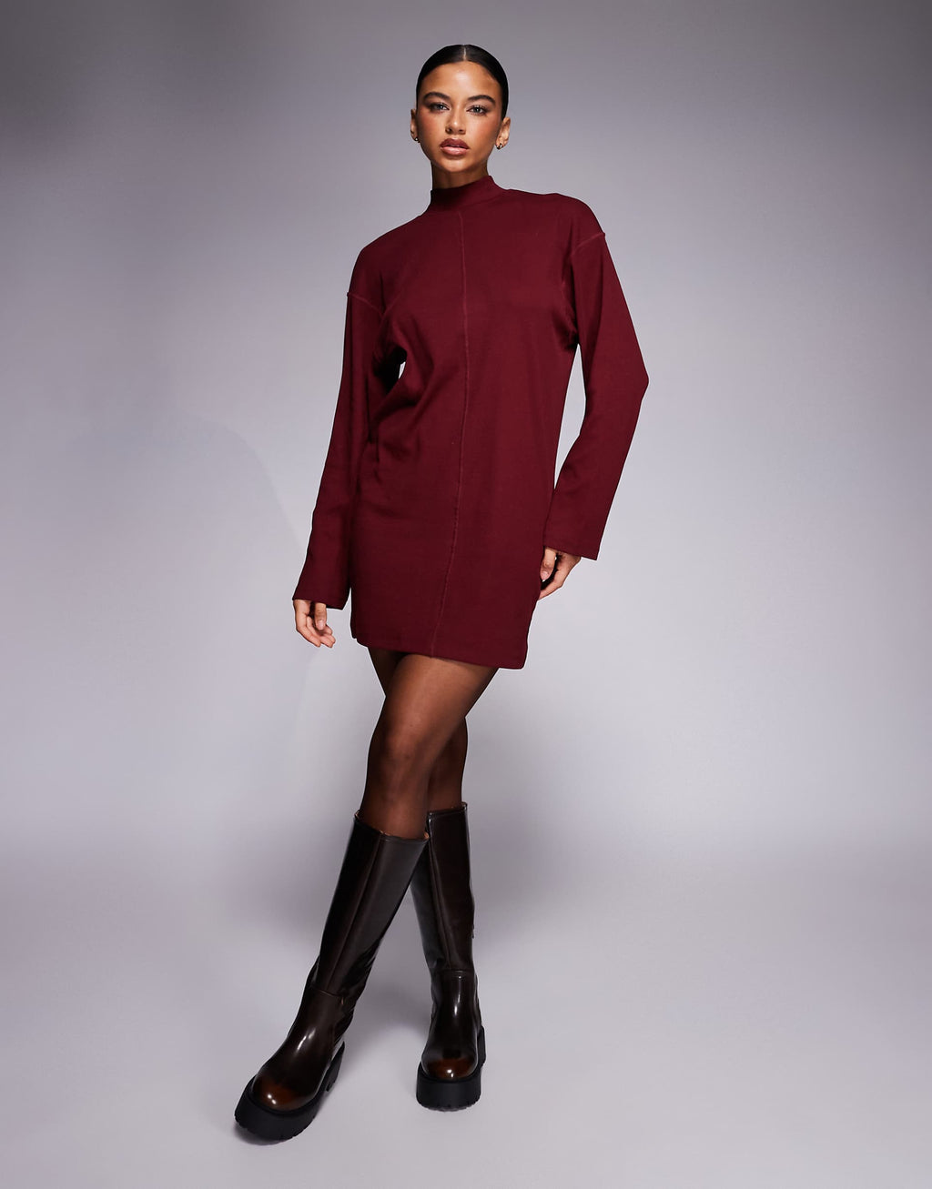 ASOS DESIGN high neck rib knit mini dress with center seam detail in burgundy