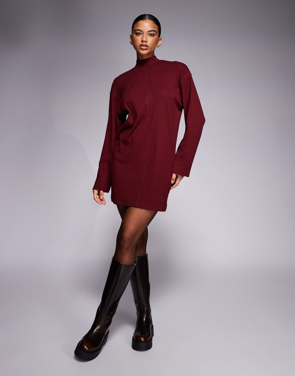 ASOS DESIGN high neck rib knit mini dress with center seam detail in burgundy