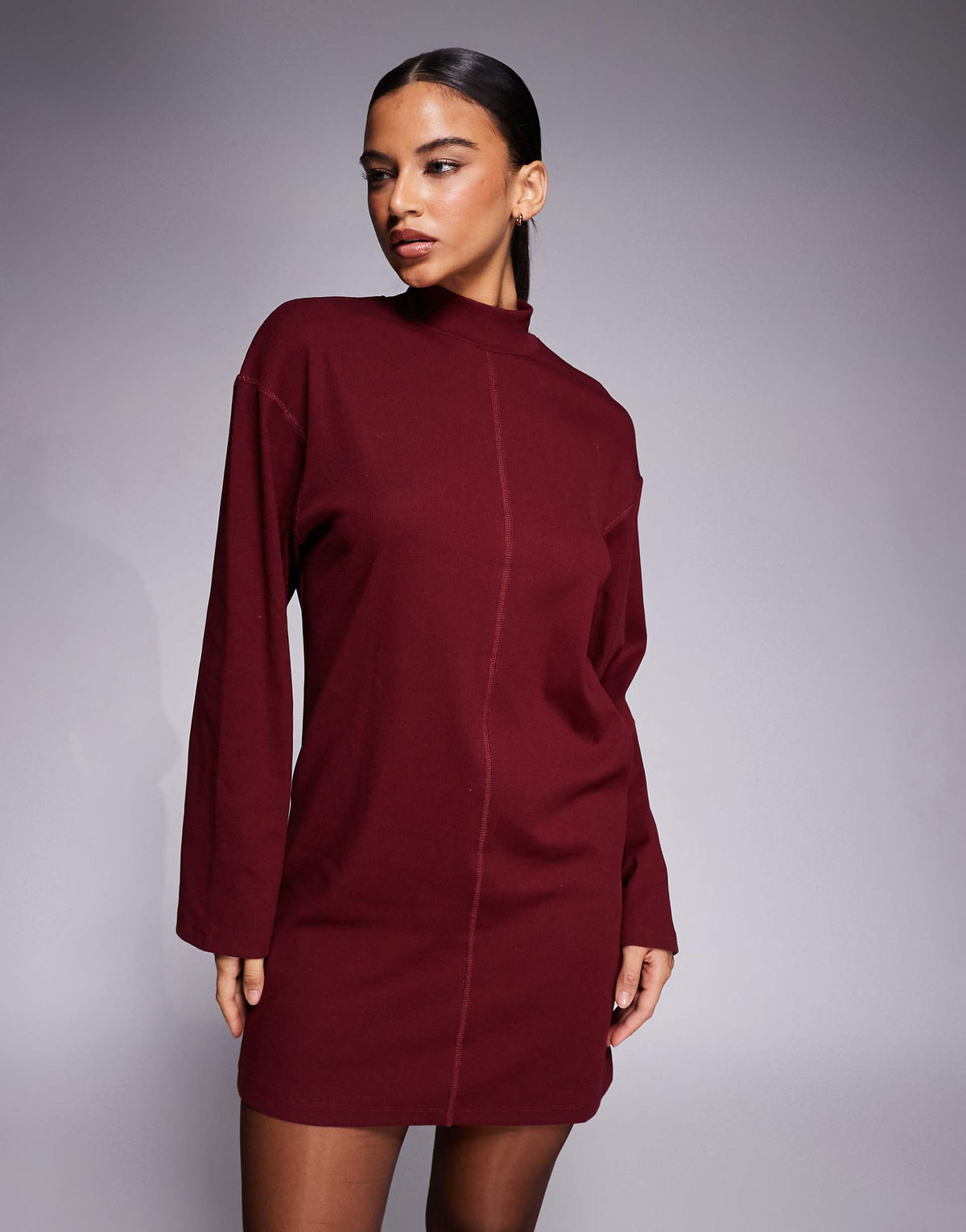 ASOS DESIGN high neck rib knit mini dress with center seam detail in burgundy