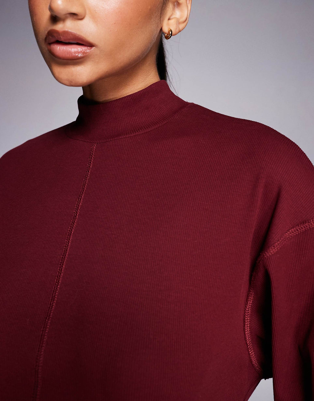 ASOS DESIGN high neck rib knit mini dress with center seam detail in burgundy