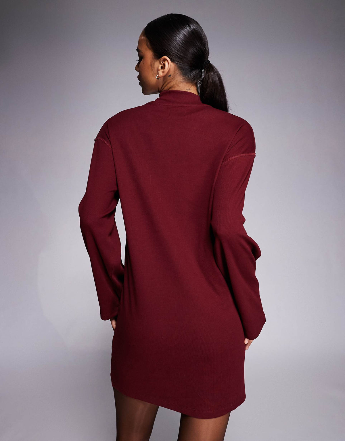 ASOS DESIGN high neck rib knit mini dress with center seam detail in burgundy