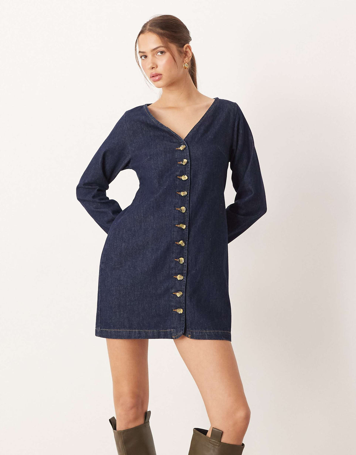 ASOS DESIGN denim v-neck mini dress with pocket detailing in rinse