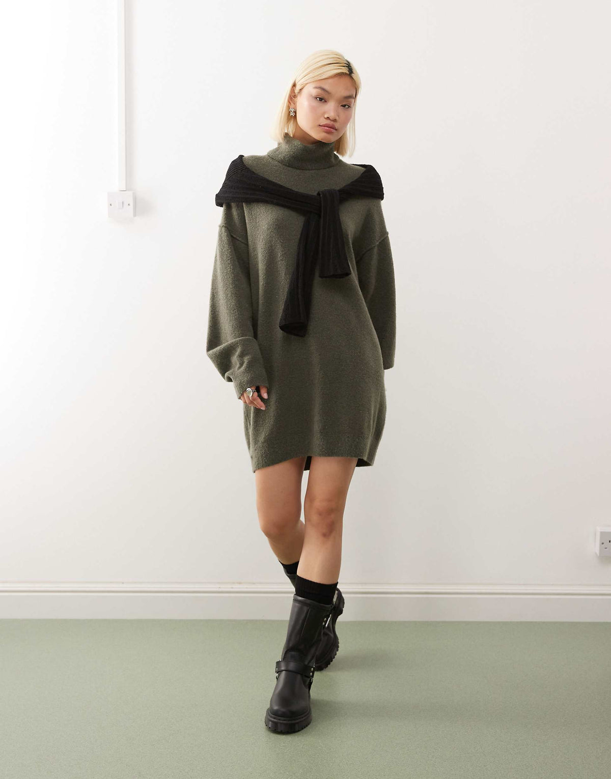 Weekday turtle neck knitted mini sweater dress in khaki melange exclusive to ASOS