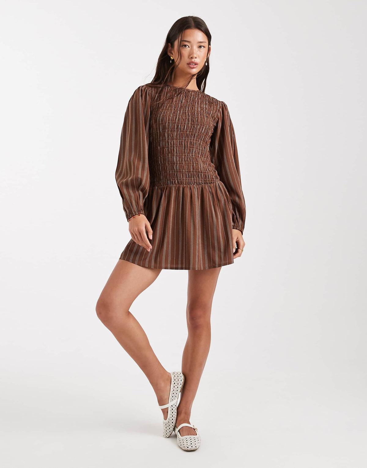 Wednesday's Girl striped shirred detail mini dress in brown