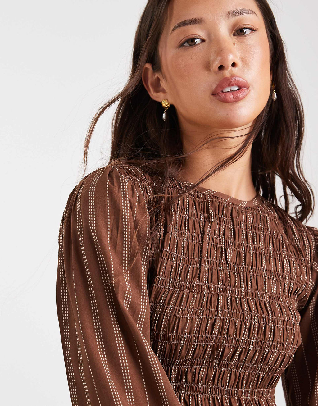 Wednesday's Girl striped shirred detail mini dress in brown