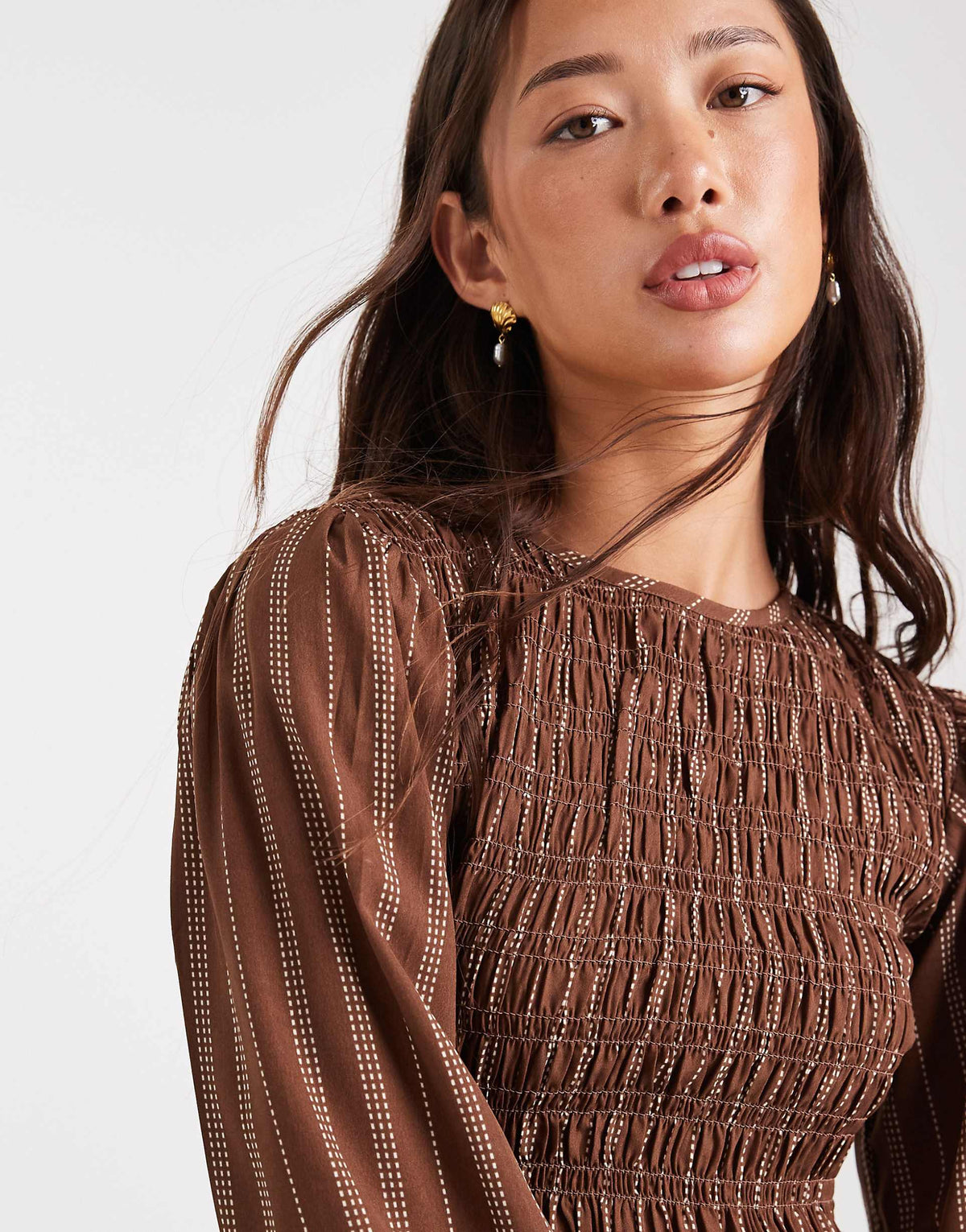 Wednesday's Girl striped shirred detail mini dress in brown