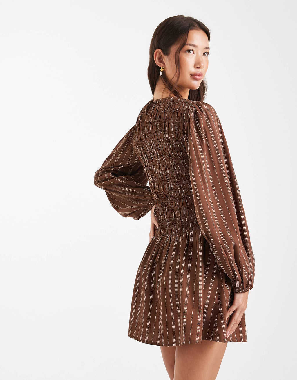 Wednesday's Girl striped shirred detail mini dress in brown