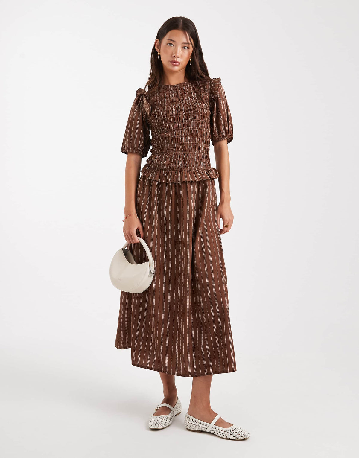 Wednesday's Girl stripe puff sleeve shirred midaxi dress in brown