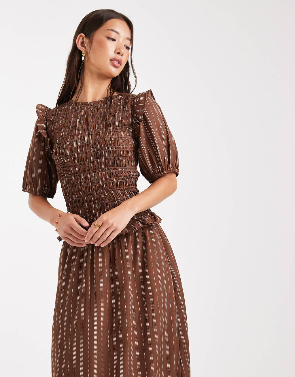 Wednesday's Girl stripe puff sleeve shirred midaxi dress in brown