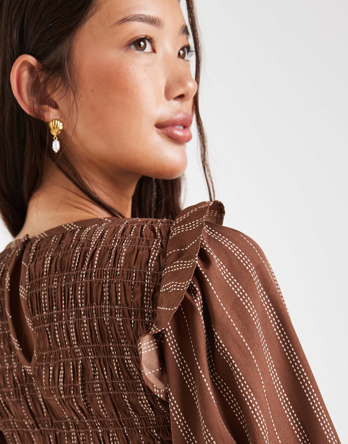 Wednesday's Girl stripe puff sleeve shirred midaxi dress in brown