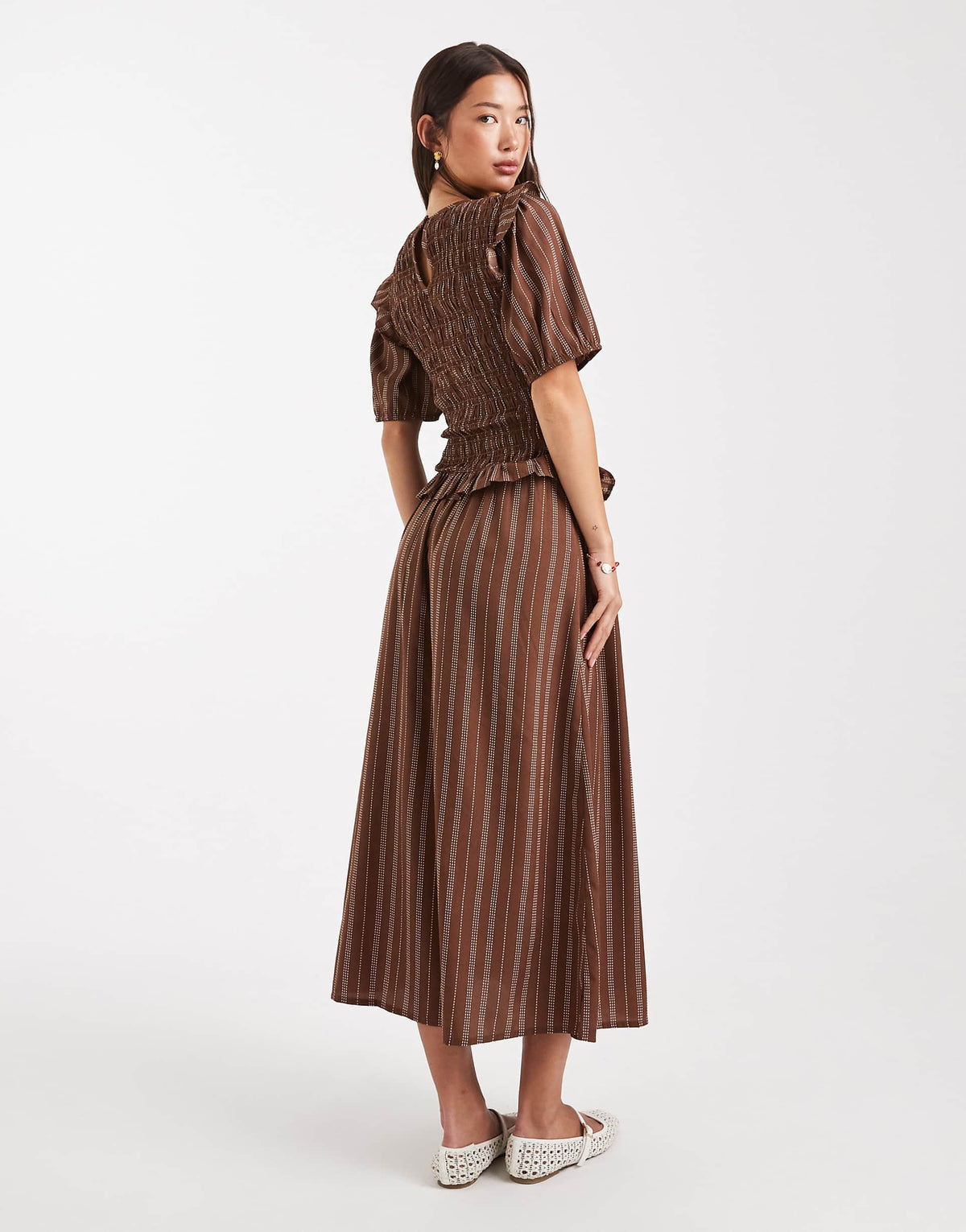 Wednesday's Girl stripe puff sleeve shirred midaxi dress in brown