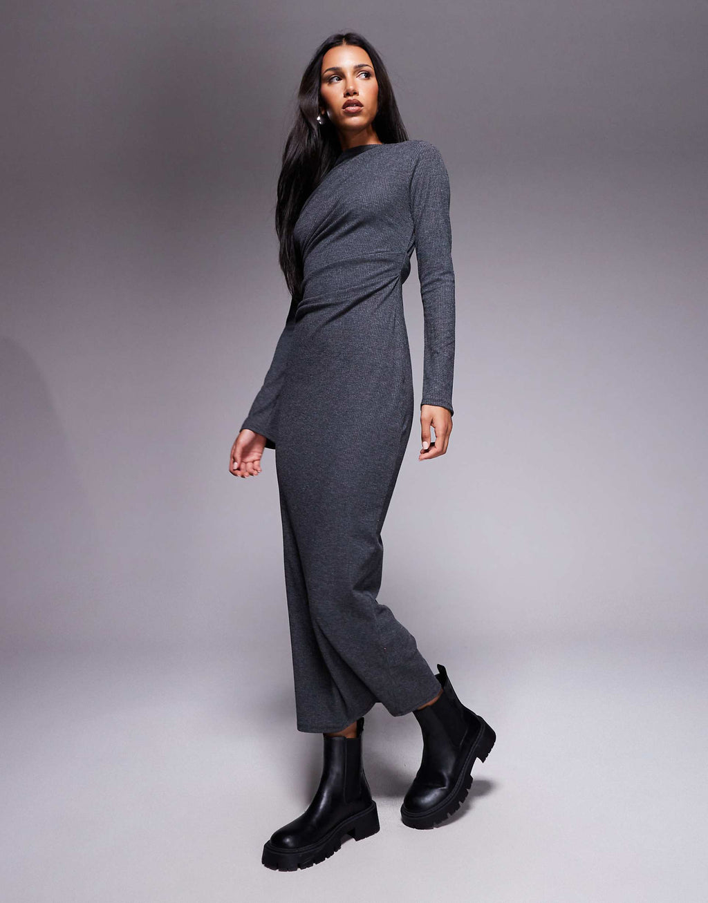 ASOS DESIGN ribbed drape maxi dress in charcoal
