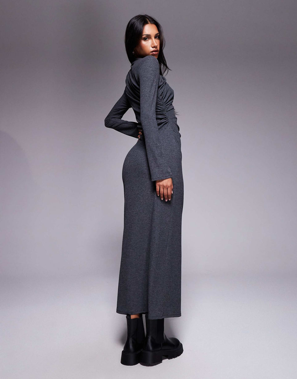 ASOS DESIGN ribbed drape maxi dress in charcoal