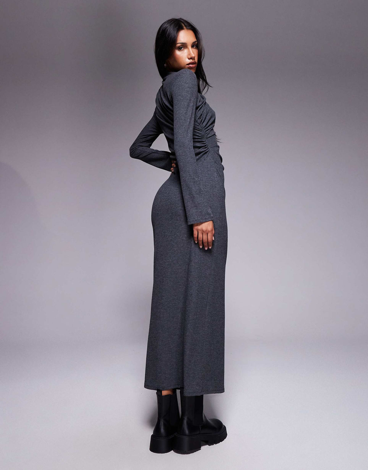 ASOS DESIGN ribbed drape maxi dress in charcoal