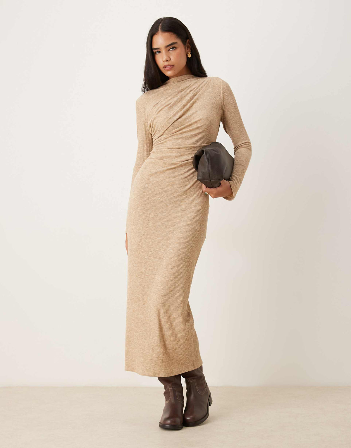 ASOS DESIGN ribbed drape maxi dress in neutral heather