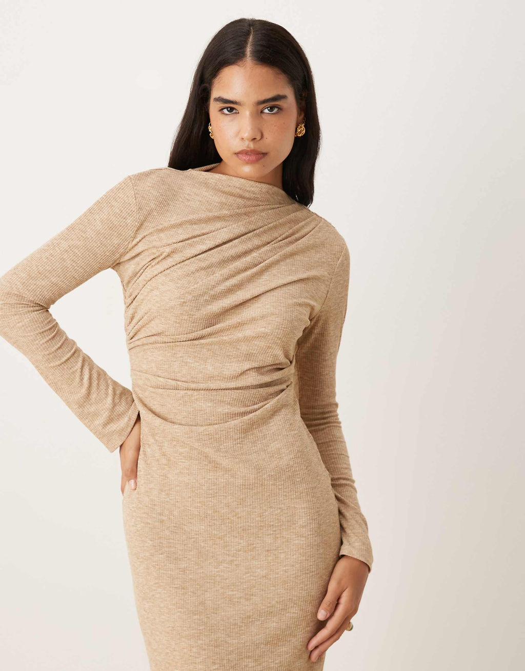 ASOS DESIGN ribbed drape maxi dress in neutral heather