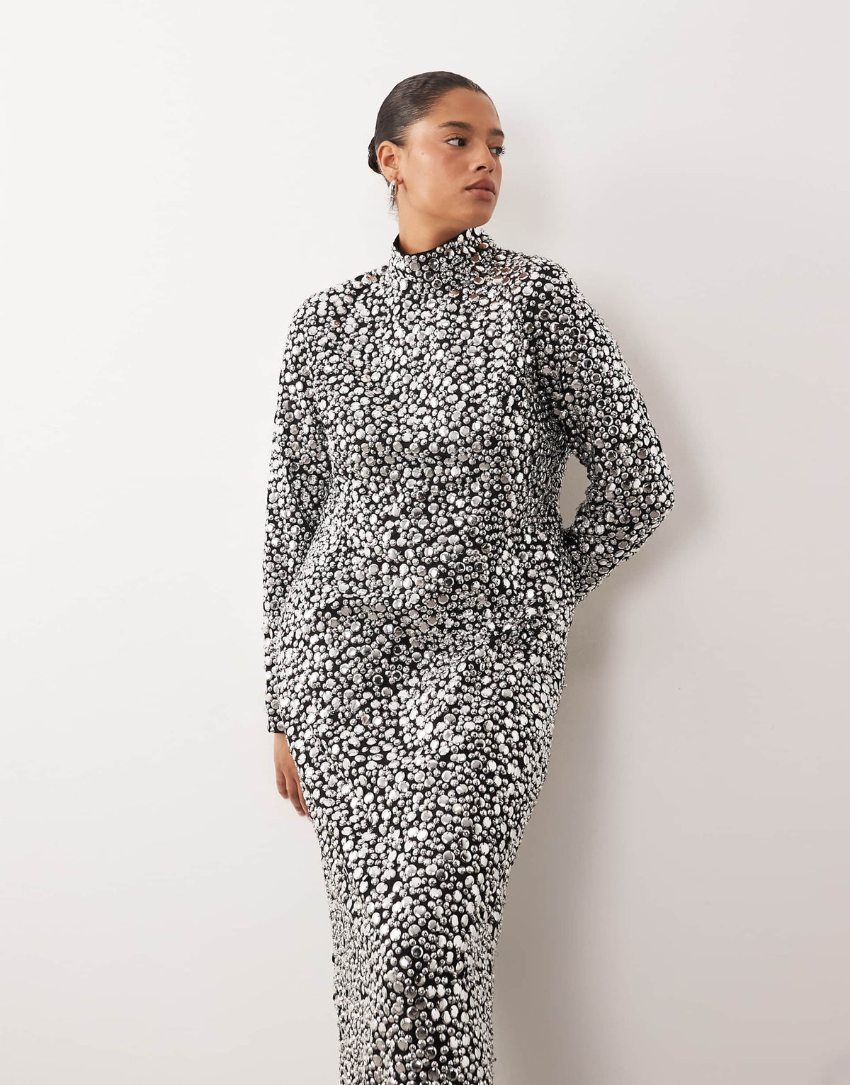 ARRANGE Curve textural sequins high neck long sleeve maxi dress in black