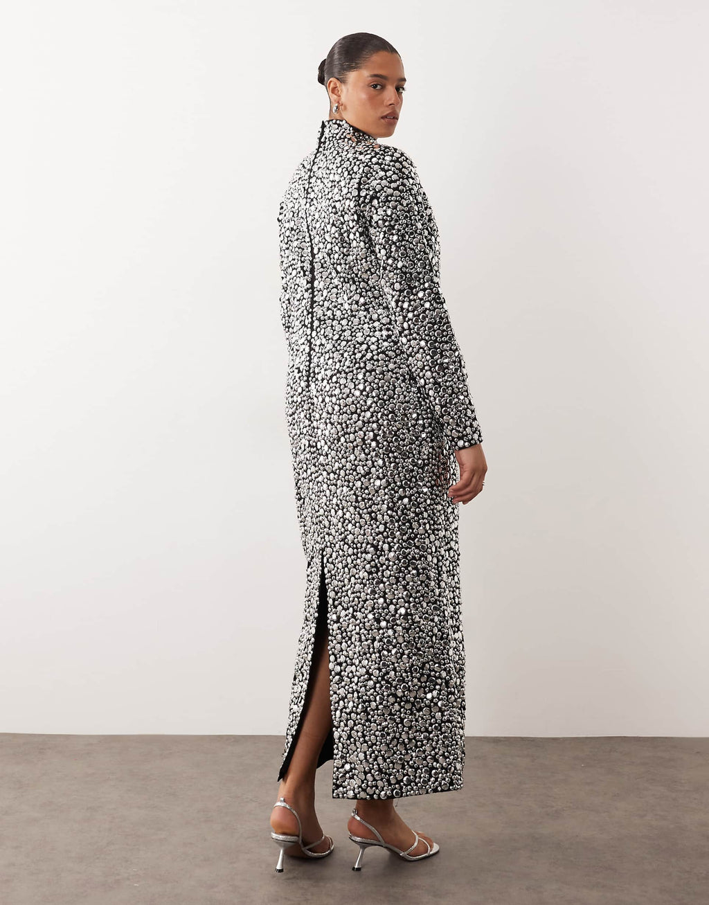 ARRANGE Curve textural sequins high neck long sleeve maxi dress in black