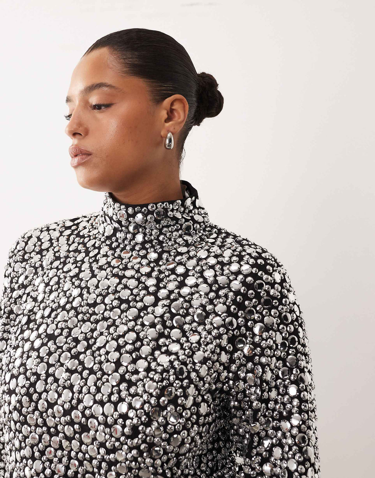 ARRANGE Curve textural sequins high neck long sleeve maxi dress in black