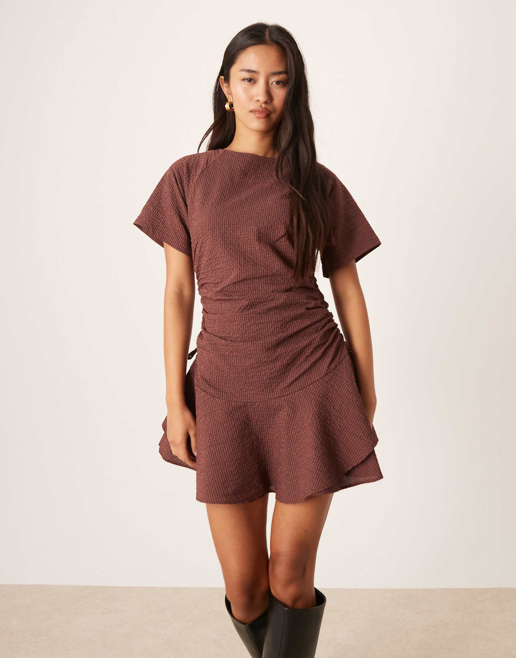 ASOS DESIGN short sleeve mini dress with ruching tie waist detail in berry check print