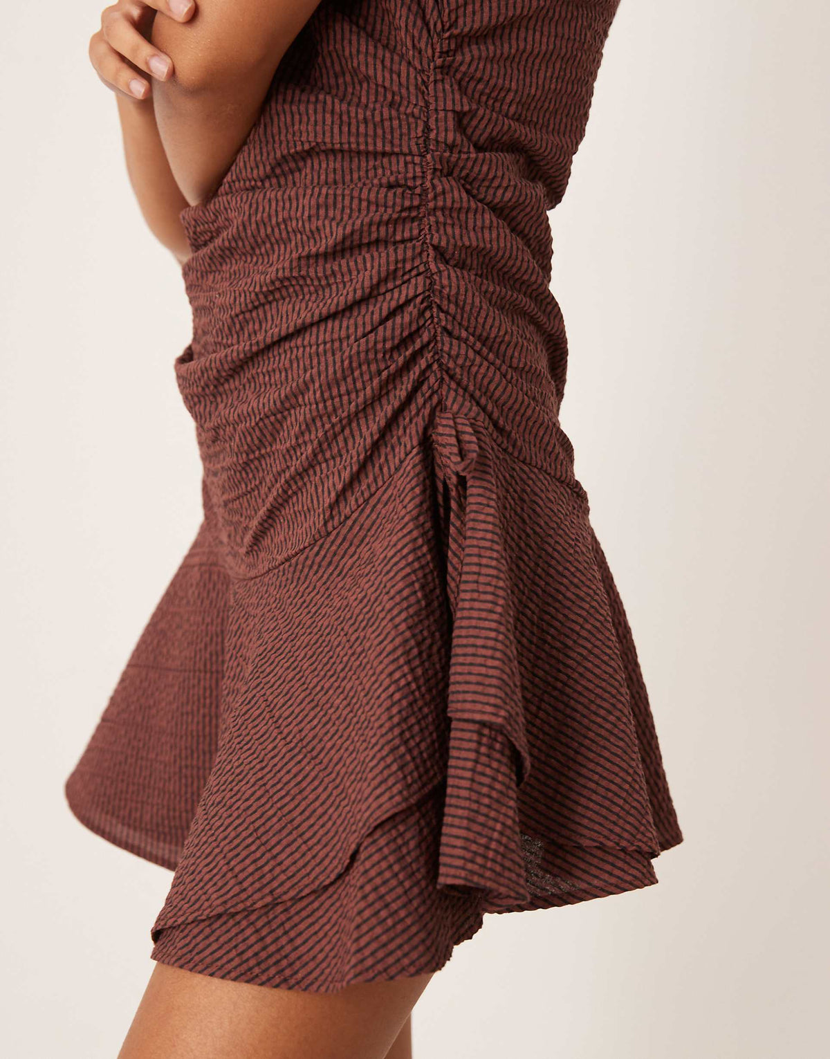 ASOS DESIGN short sleeve mini dress with ruching tie waist detail in berry check print