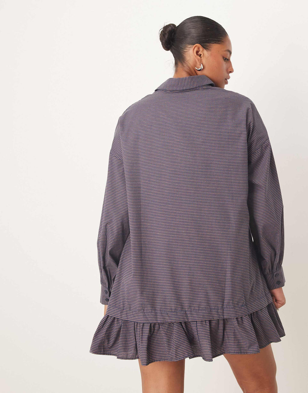 ASOS DESIGN CURVE long sleeve frill hem mini shirt dress in brown and navy plaid print