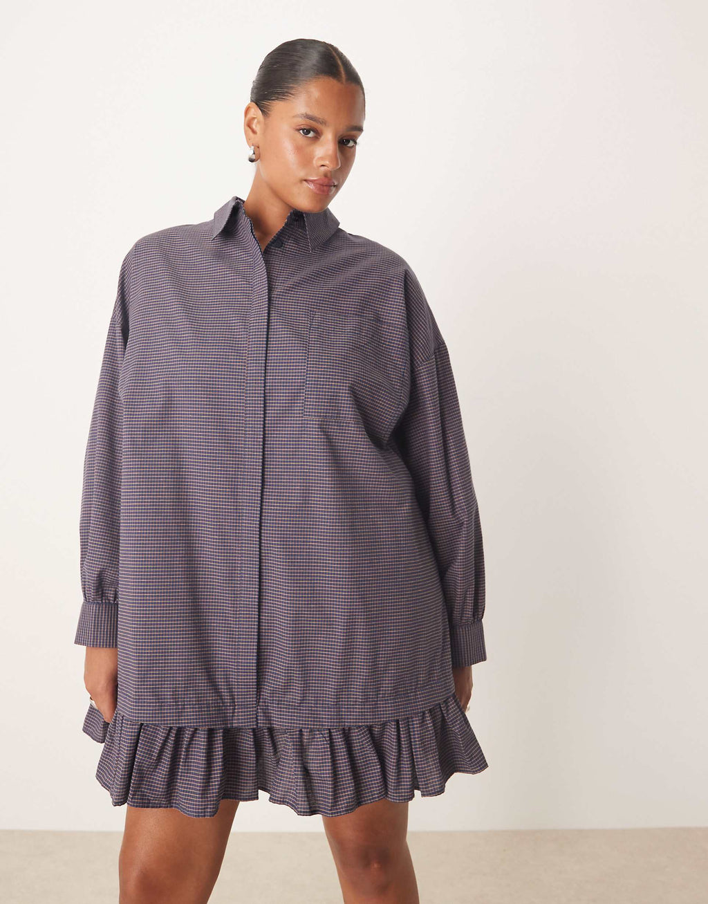 ASOS DESIGN CURVE long sleeve frill hem mini shirt dress in brown and navy plaid print