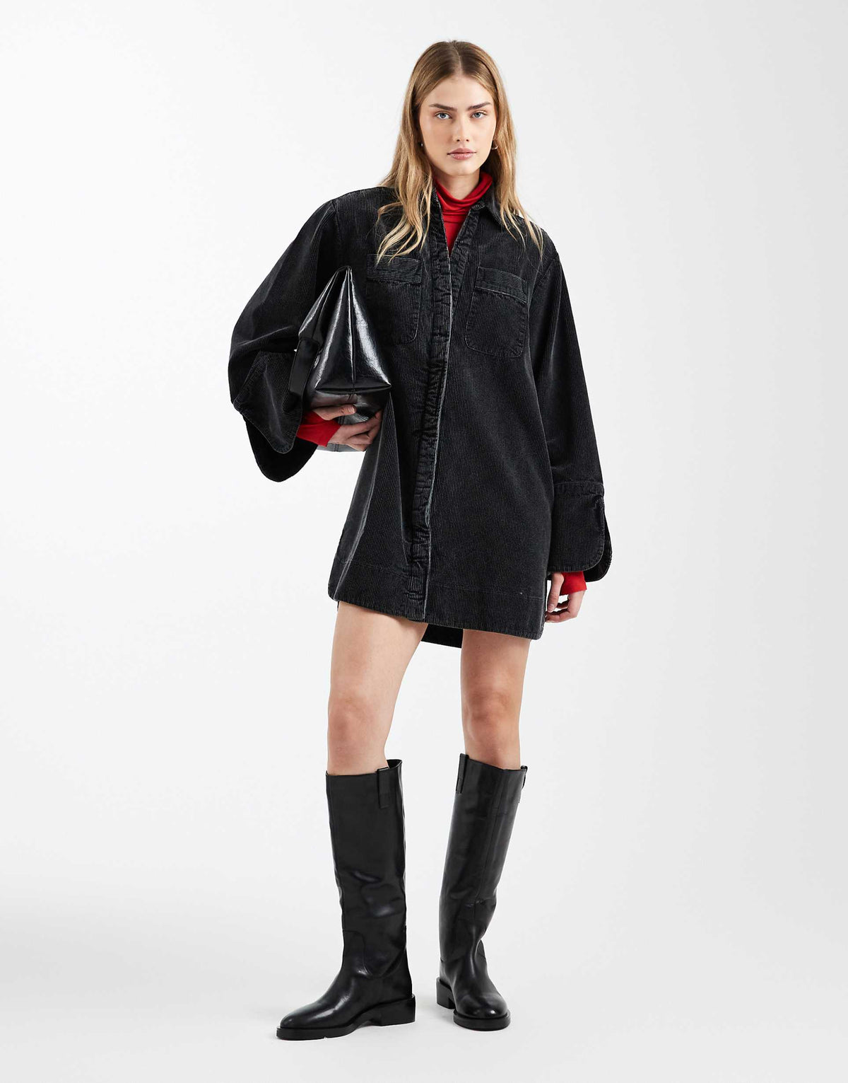 ASOS DESIGN cord mini shirt dress with wide cuffs and oversized pockets in washed black