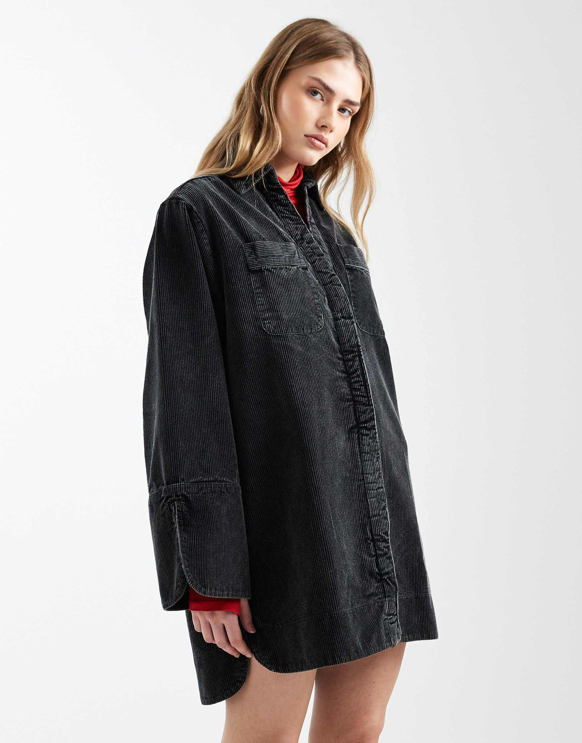 ASOS DESIGN cord mini shirt dress with wide cuffs and oversized pockets in washed black