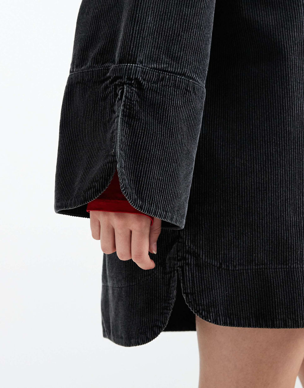 ASOS DESIGN cord mini shirt dress with wide cuffs and oversized pockets in washed black