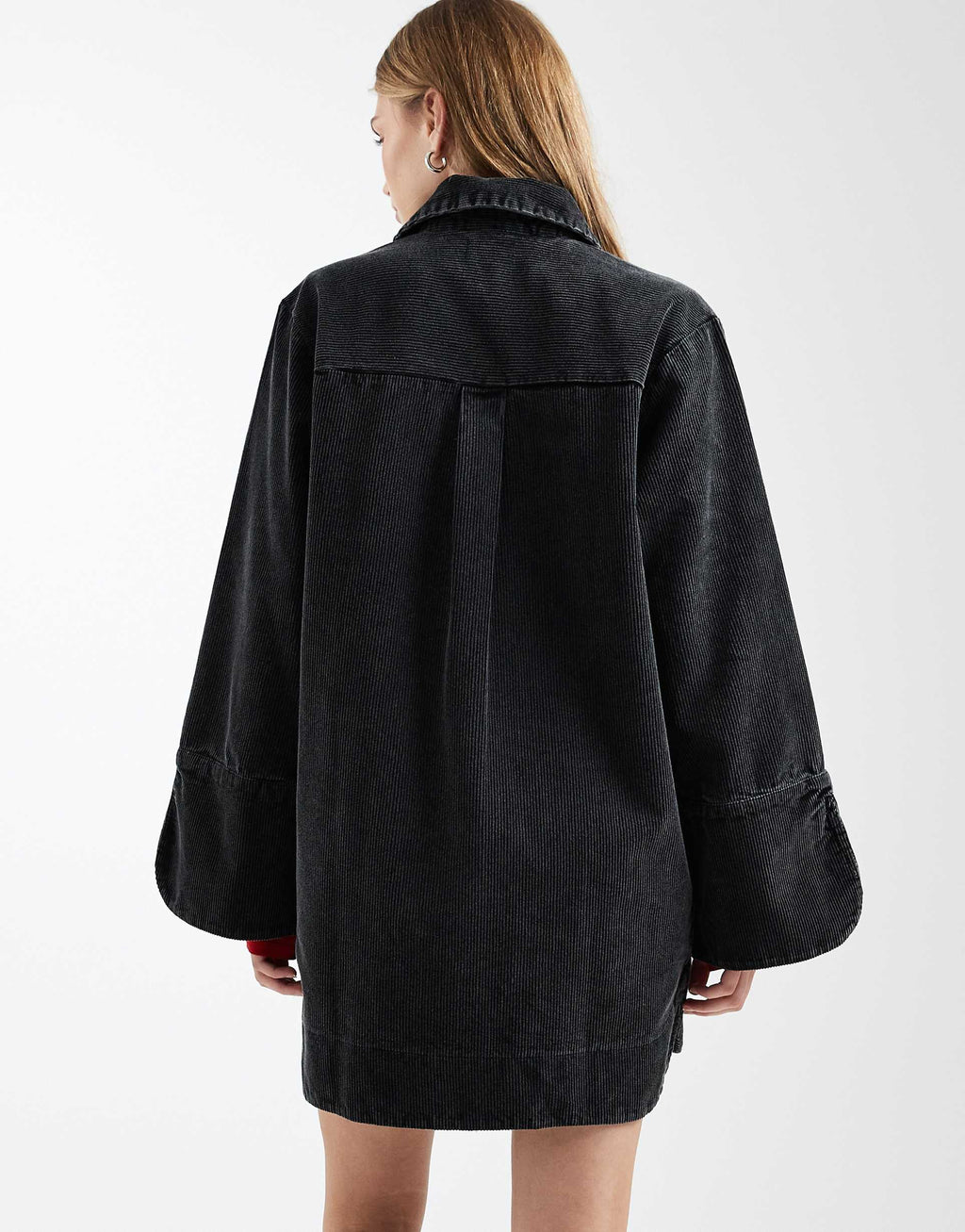 ASOS DESIGN cord mini shirt dress with wide cuffs and oversized pockets in washed black